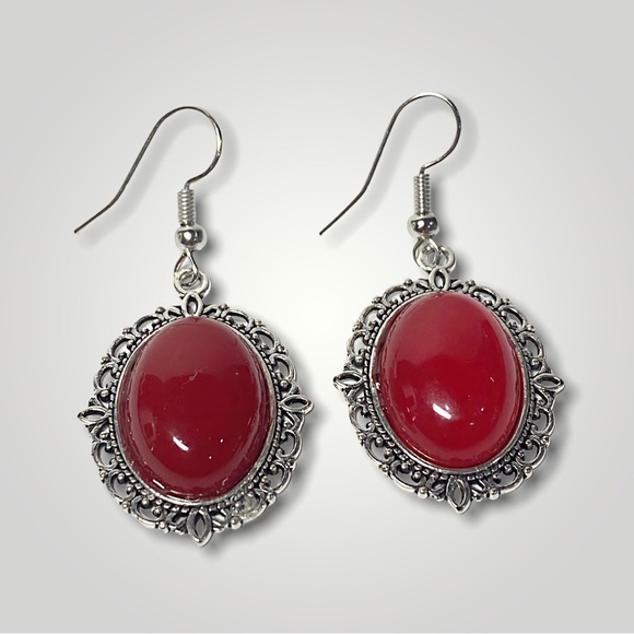 Red Malaysian jade oval gemstone earrings with stainless steel hook - Picture 5 of 6